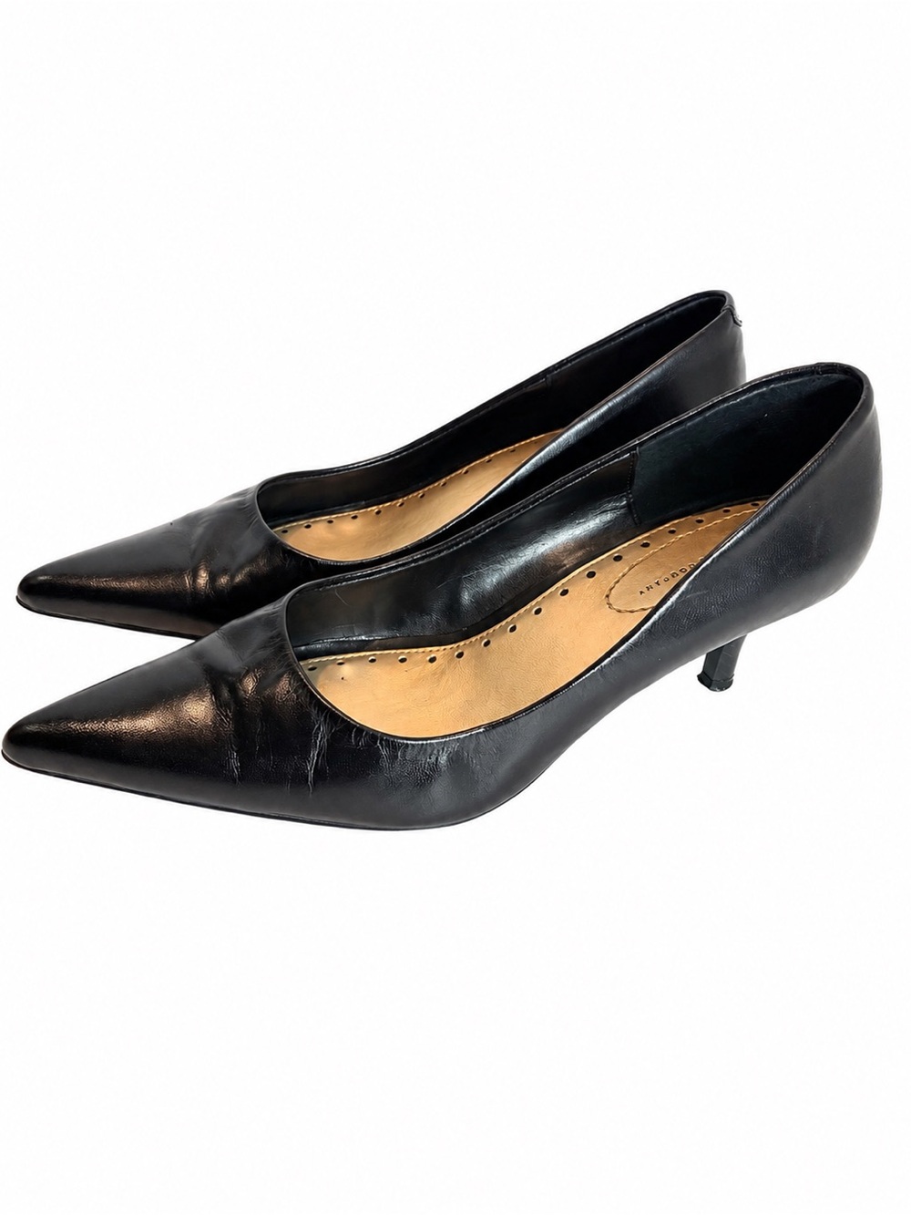 Nine & Company Black Leather Pointed Toe Kitten Heel Pumps Size 8W 2” Heel